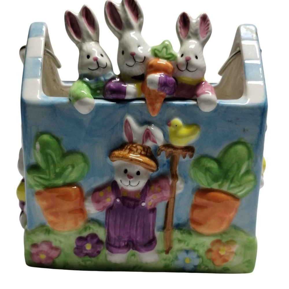 Vintage 2000 GAC Easter‎ Bunny Ceramic Planter Basket with Metal Handle Garden